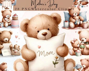 Mother's Day Teddy Bear Clipart: Watercolor Bear PNG for Crafting, Nursery Art (Digital Download)