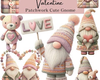 Patchwork Cute Gnome Watercolor Clipart Bundle, Hand-Drawn Nursery Valentine (PNG Commercial use Digital Download)