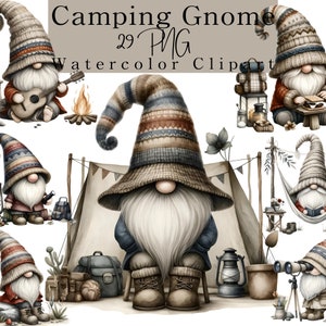 Camping Gnome Watercolor Clipart:  Boho Gnome, Rustic Adventure (PNG Digital Download)