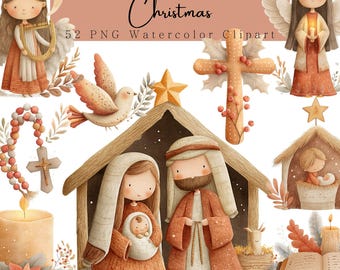 Watercolor Nativity Clipart PNG: Holy Family, Angels, Dove Nursery Art (Digital Download, Commercial Use)