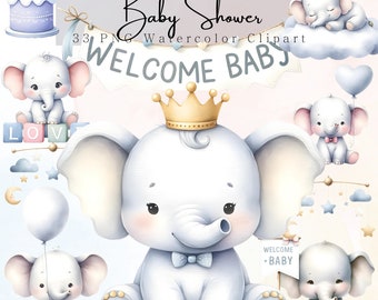 Akwarelowy słoń, clipart: Baby Shower PNG, wystrój pokoju dziecięcego, dekoracje i rękodzieło (pobieranie cyfrowe)