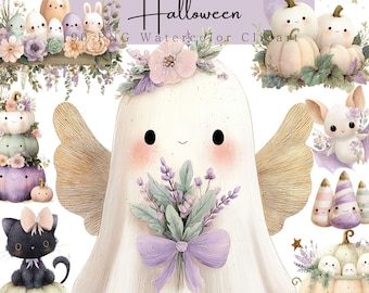 Cute Ghost Pastel Halloween Nursery Clipart Bundle, Spooky, Pumpkins, Cute Witch Fall Invitation Decor Bundle PNG, Watercolor Baby Room Art