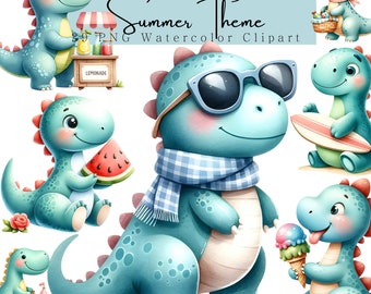 Watercolor Summer Dinosaur Clipart: Kids Nursery Clipart PNG (Digital Download)