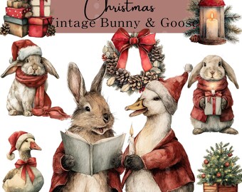 Christmas Vintage Bunny & Goose Watercolor Clipart PNG, Cozy Farmhouse Holiday Animals Gifts Lanterns, Winter Art Digital Download