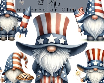 4th of July Gnome Clipart: Watercolor Patriotic Graphics, Independence Day, Memorial Day (Digital Download)