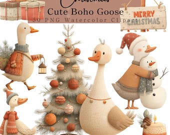 Christmas Boho Goose Watercolor Clipart PNG, Cozy Farmhouse Holiday Animals with Wreaths Gifts Lanterns, Nursery Art Digital Download