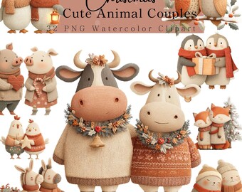 Christmas Animal Couples Watercolor Clipart PNG, Cute Woodland Farm Holiday Animals in Love, Festive Nursery Art Digital Download