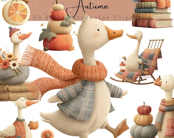 Watercolor Autumn Goose Clipart PNG, Cozy Fall Farmhouse Animals with Pumpkins, Rustic Thanksgiving Nursery Art Digital Download