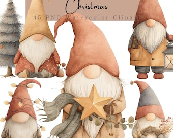 Watercolor Christmas Gnome Clipart: Minimal Boho Scandinavian Nursery Art (PNG Digital Download)