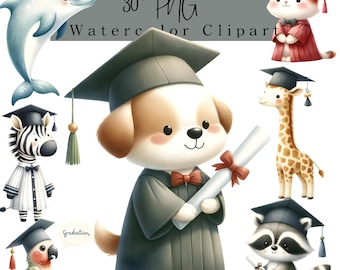 Cute Animal Graduation Clipart, Watercolor Nursery Decor for Preschool, Kindergarten, First Grade, Graduation Invitations, Digital Download