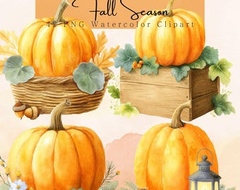 Watercolor Pumpkin Clipart PNG: Autumn Harvest, Boho Fall Nursery (Digital Download, Commercial Use)
