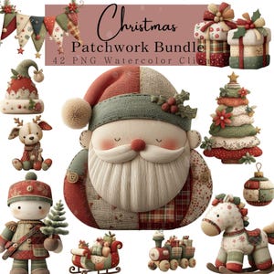 Op de afbeelding: Een verzameling kerst-patchworkontwerpen. De afbeelding toont een kerstman, een kerstboom, cadeauverpakkingen, een rendier, een schommelpaard, een trein en andere feestelijke elementen. De tekst "Christmas Patchwork Bundle" staat bovenaan.