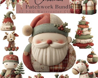 Watercolor Christmas Patchwork Clipart Bundle, Cozy Quilt Fabric Christmas Animals & Toys PNG Set, Hand-Drawn Nursery Holiday Illustrations