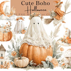 Op de afbeelding: Watercolor clipart set met een 'Cute Boho Halloween' thema. De afbeelding toont pompoenen, geesten, een heks en bloemelementen in tinten oranje, crème en groen. De tekst 'Cute Boho Halloween' en '90 PNG Watercolor Clipart' zijn zichtbaar.