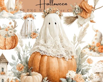 Pastel Halloween Clipart Bundle: Boho Ghosts, Ghosts Spooky, Nursery Art, Pumpkins (PNG Digital Download)