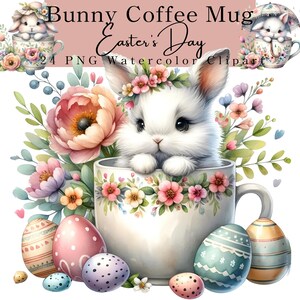Osterhase Kaffeebecher Clipart, Kaninchen Aquarell Clipart, Garten Frühling Blume PNG, digitaler Download für Einladungen, Dekorkarten & Kunsthandwerk