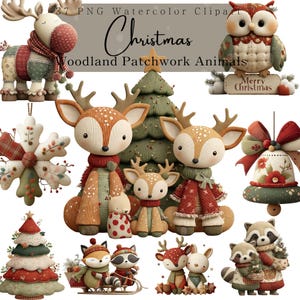 Peut inclure: Une collection de cliparts d'animaux patchwork de Noël sur le thème de la forêt, à l'aquarelle. L'image comprend un hibou, des rennes, un renard, un raton laveur et d'autres créatures de la forêt. Le texte "Christmas Woodland Patchwork Animals" est affiché en haut de l'image.