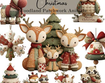 Patchwork Christmas Woodland Animals Watercolor Clipart, Cozy Quilt Farmhouse Holiday PNG Bundle, Hand-Drawn Nursery Winter Digital Download