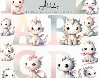 Dragon Alphabet and Numbers Clipart, Cute Dragon Clipart, Dragon Watercolor Clipart, Cute Dragon Chinese New Year, Dragon Letters for Kids