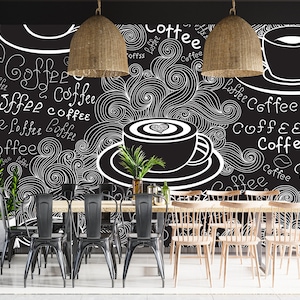 Cafe Wallpaper, Black White Cafe Shop Peel and Stick Wall Mural, Stlisyh Coffee Shop Wallpaper, Self Adhesive Cafe Wallpaper