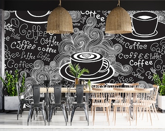 Cafe Wallpaper, Zwart Wit Cafe Shop Peel en Stick Muurschildering, Stlisyh Coffee Shop Wallpaper, Zelfklevend Cafe Wallpaper