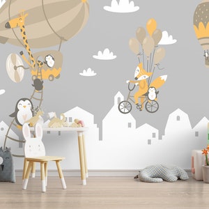 Kids Wallpaper, Cute Animals in Hot Air Balloons Peel and Stick Kids Wall Mural, Self Adhesive Nursery Wallpaper, Removable  Child Wallpaper