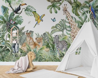 Kinderbehang, Safari Jungle Peel en Stick kinderkamerbehang, zelfklevend verwijderbaar kinderkamerbehang, dierenbehang, kinderkamer