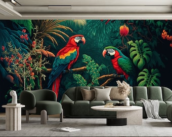 Tropical Wallpaper, Exotic Parrot and Trees Mural,  Peel and Stick, Removable Wallpaper, Kids Room Wallpaper, Wall Mural