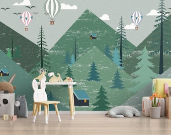 Kinderbehang, groene bergen en dennenbomen Peel and Stick muurmuurschildering, verwijderbaar kinderbehang, zelfklevend kinderkamerbehang