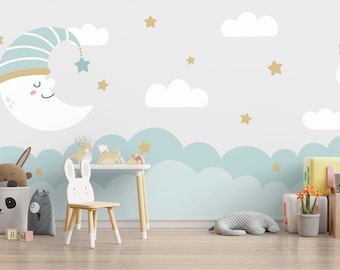 Kinderbehang, schattige maan wolken sterren Peel en Stick kinderkamer behang, zelfklevende verwijderbare muur muurschildering, aquarel kinderkamer behang