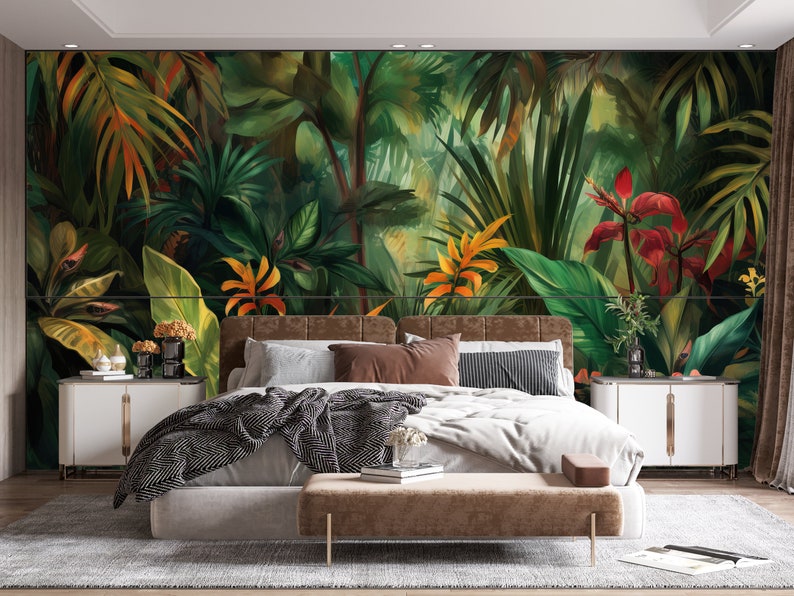 Tropisch behang Schil en plak Getextureerd Vliesvlies Exotische planten botanisch behang Tropische aquarel bloemen en bladeren afbeelding 5