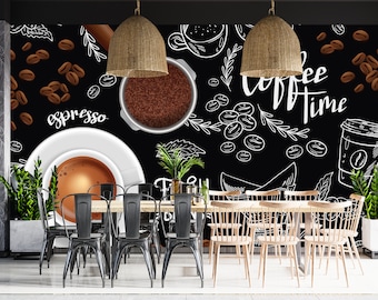 Cafe behang, stijlvolle koffieshop Peel en Stick behang, zelfklevende Cafe muur muurschildering, verwisselbare koffie behang, Cafe Wall Decor