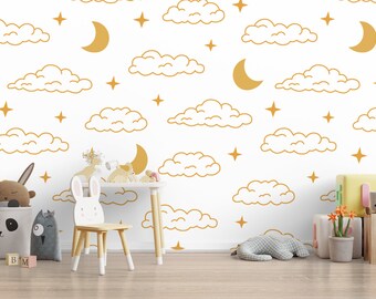 Kinderbehang, gouden details Cloud Moon en Star Peel and Stick kinderkamerbehang, verwijderbare zelfklevende kindermuurschildering, kinderkamer