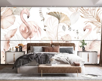 Bloemenbehang, zachte kleurrijke bladeren, bloemen en flamingo's Peel and Stick Wallpaper, verwijderbaar zelfklevend botanisch kinderbehang