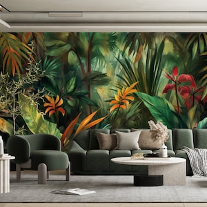 Tropisch behang Schil en plak Getextureerd Vliesvlies Exotische planten botanisch behang Tropische aquarel bloemen en bladeren afbeelding 1