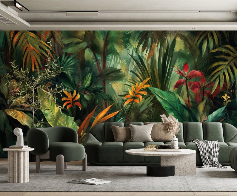Tropisch behang Schil en plak Getextureerd Vliesvlies Exotische planten botanisch behang Tropische aquarel bloemen en bladeren afbeelding 1