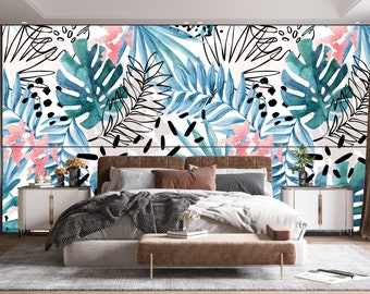 Bloemenbehang, aquarel zomerbloem schil en plak muur muurschildering, verwijderbare zelfklevende muur decor, botanische bloemen muur muurschildering