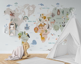 Wereldkaart behang, Peel en Stick muur muurschildering, wereldkaart muur muurschildering, kinderkamer behang, verwijderbaar kinderkamer behang