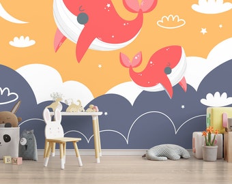 Kinderbehang, schattige walvissen Peel en Stick Kids Wall Mural, zelfklevend kinderkamerbehang, verwisselbaar dierenbehang, kinderkamerdecor