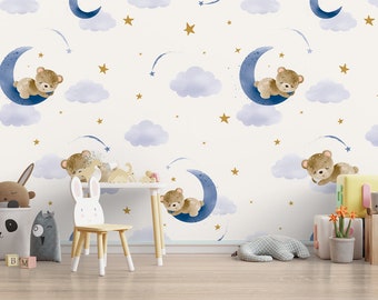 Kinderbehang, schattige beer sterren en wolk Peel en Stick muur muurschildering, zelfklevende verwijderbare kinderkamer behang, aquarel kinderkamer behang