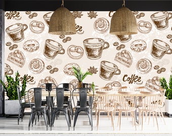 Cafe Wallpaper, Cafe Shop Peel en Stick Muurschildering, Stlylish Coffee Shop Wallpaper, Zelfklevende verwijderbare Cafe Wall Decor