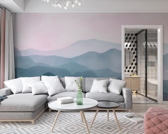 Landschapsbehang, aquarel mistige bergketen schil en plak muur muurschildering, zelfklevende wanddecoratie, verwijderbaar modern behang