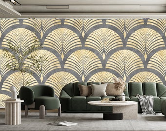 Bloemenbehang, geometrische gouden kleur bladeren schillen en plakken muur muurschildering, zelfklevend verwijderbaar bloemenbehang, botanische wanddecoratie