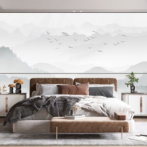 Landscape Wallpaper, Misty Mountain and Pine Forest Landscape Peel and Stick Wall Mural, Removable Self Adhesive Wall Decor,Modern Wallpaper