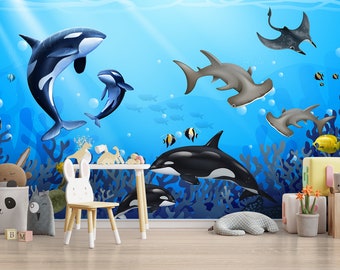 Kinderbehang, schattige onderzeese dieren Peel and Stick muur muurschildering, Ocean Life kinderkamer behang, zelfklevend verwijderbaar kinderkamer behang