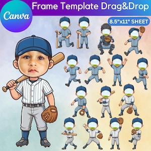 Puede incluir: Un diseño digital con el texto "Frame Template Drag&Drop" y "8.5"x11" SHEET", con temática de béisbol. El diseño incluye una ilustración de dibujos animados de un jugador de béisbol con la cara de un niño, junto con varias poses de jugadores de béisbol.