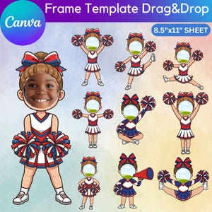 Puede incluir: Una plantilla de Canva con un diseño de marco de arrastrar y soltar con temática de animadoras. El diseño incluye múltiples ilustraciones de animadoras con uniformes rojos, blancos y azules, con espacio para insertar una cara. El tamaño de la hoja es de 21,6 x 27,9 cm.