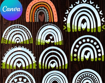 May include: A selection of rainbow graphic elements with different designs, including hearts and floral details. The image features the Canva logo and text that reads "Canva Frame Template Drag&Drop". The rainbows are set against a dark wood background.