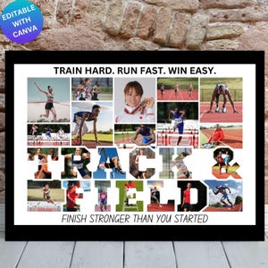 May include: A framed collage featuring track and field athletes in action. The word "TRACK & FIELD" is prominently displayed, with the text "TRAIN HARD. RUN FAST. WIN EASY." and "FINISH STRONGER THAN YOU STARTED" also visible. The image is set against a brick wall.