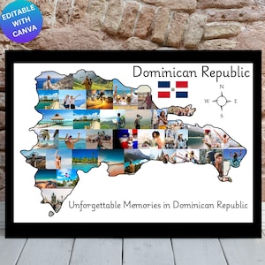 Puede incluir: Impresión enmarcada que presenta un mapa de la República Dominicana lleno de fotos. Las palabras "República Dominicana" y "Recuerdos inolvidables en República Dominicana" están en la imagen. Incluye una rosa de los vientos y la bandera.